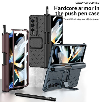 Magnetic Mech S Pen Slot Hinge Holder All-included Phone Cover For Samsung Galaxy Z Fold4 5G With Back Screen Glass Protector