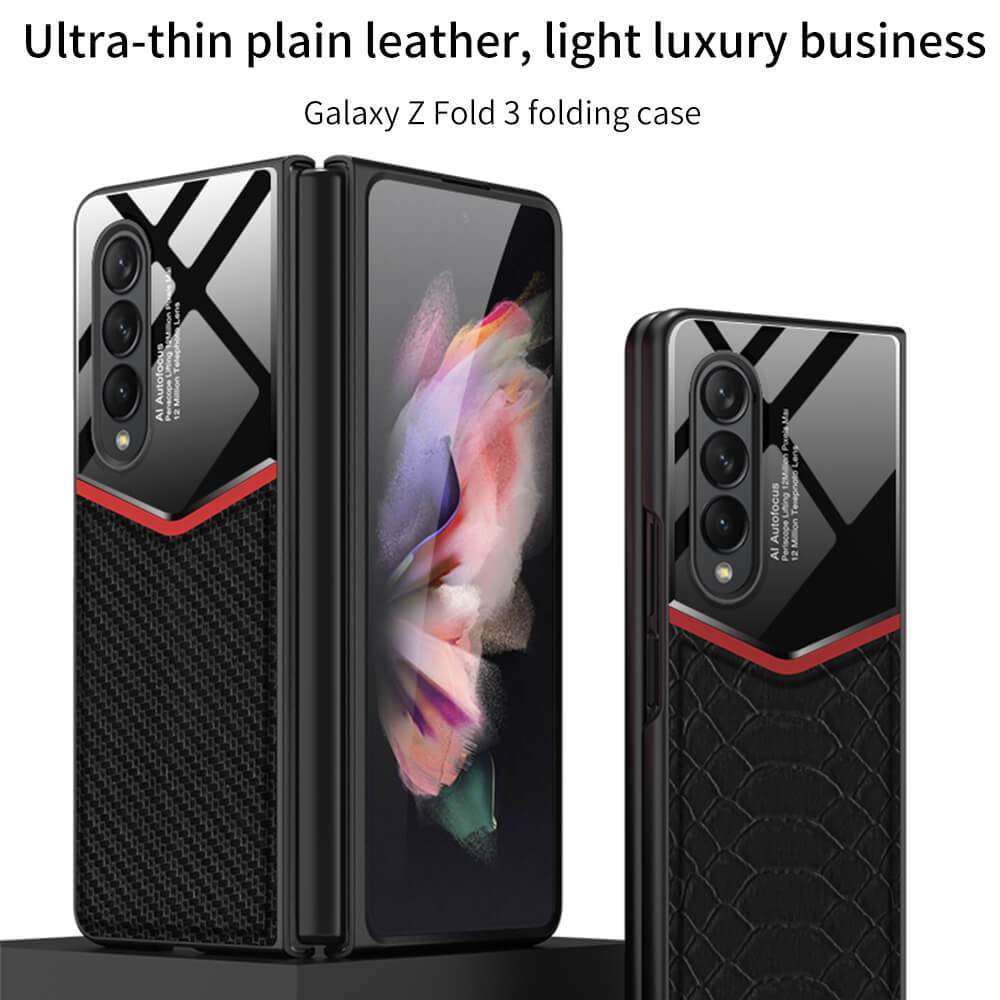 Ultra-thin Plain Leather Luxury Business Tempered Glass Case for Samsung Galaxy Z Fold 3 5G - GiftJupiter