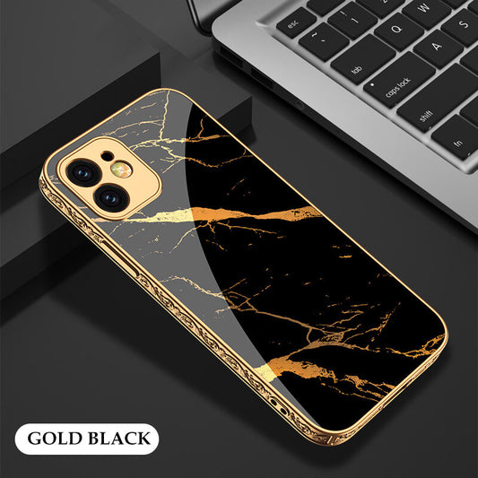 Luxury Marble Plating Gold Carving Edge Glass Case For iPhone - Dealggo.com