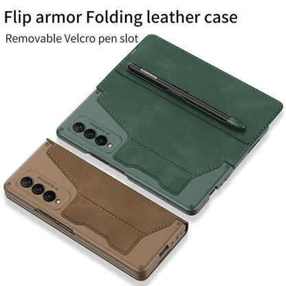 Leather Pen Holder Armor Back Case For Samsung Galaxy Z Fold4 Fold3 Fold2