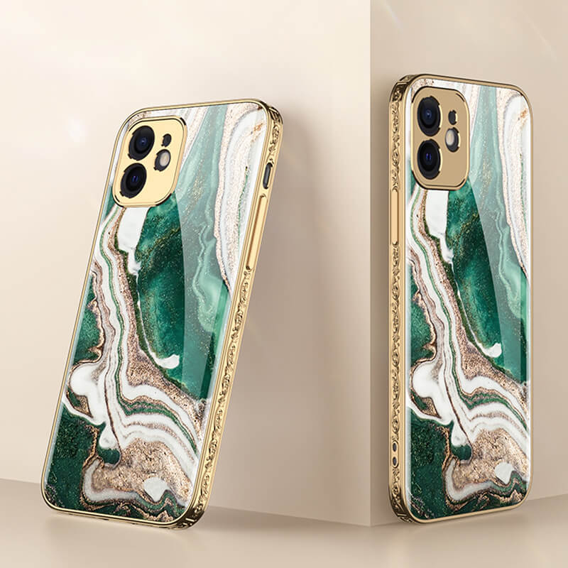 Luxury Marble Plating Gold Carving Edge Glass Case For iPhone - Dealggo.com