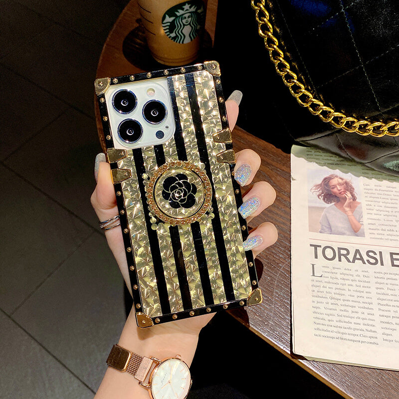 2021 Luxury Black Rose Flower Crystal Ring Glitter Gold Phone Case For iPhone Samsung and Huawei - Dealggo.com