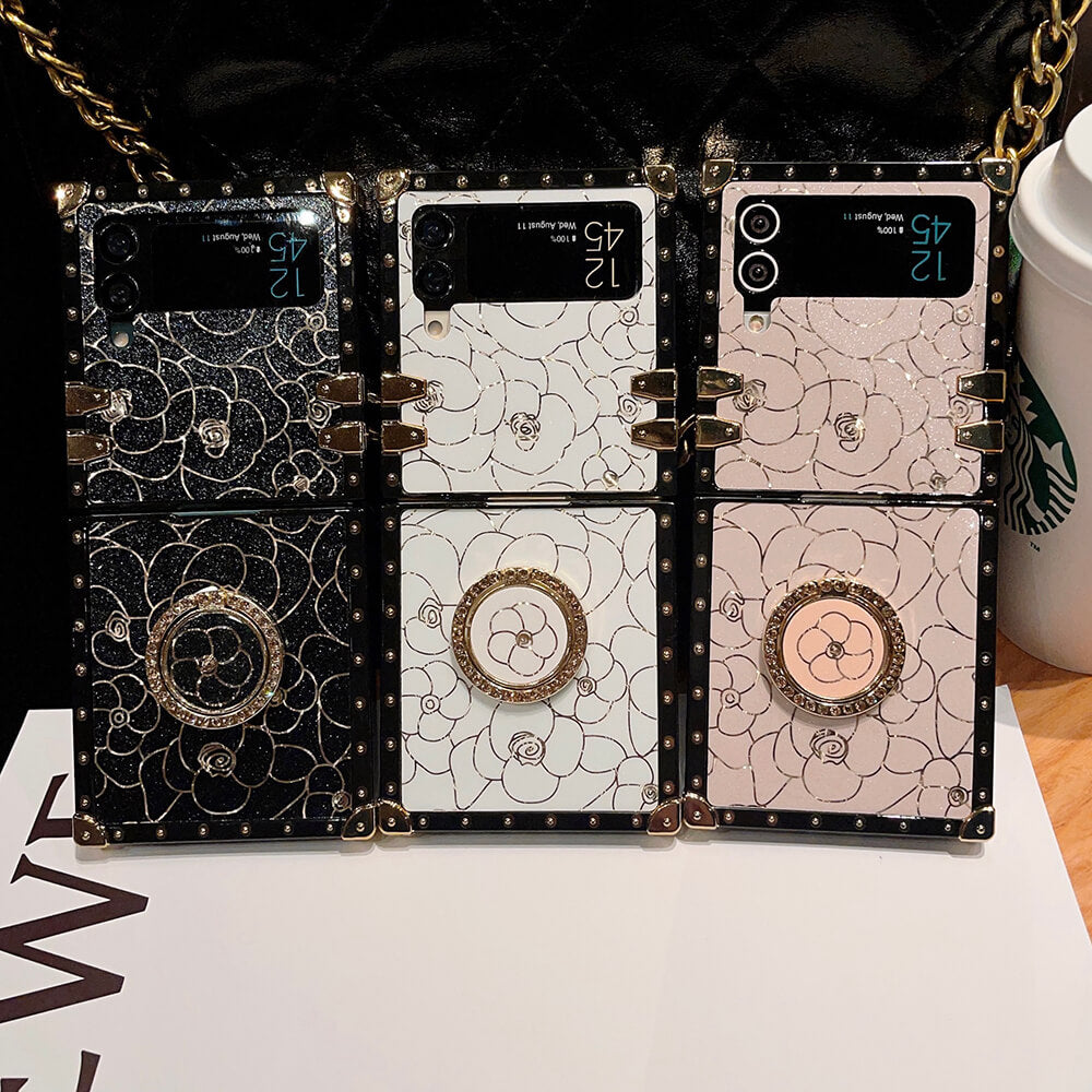 Luxury Brand Camellia Gold Plating Square Case For Samsung Galaxy Z Flip 3/4/5/6