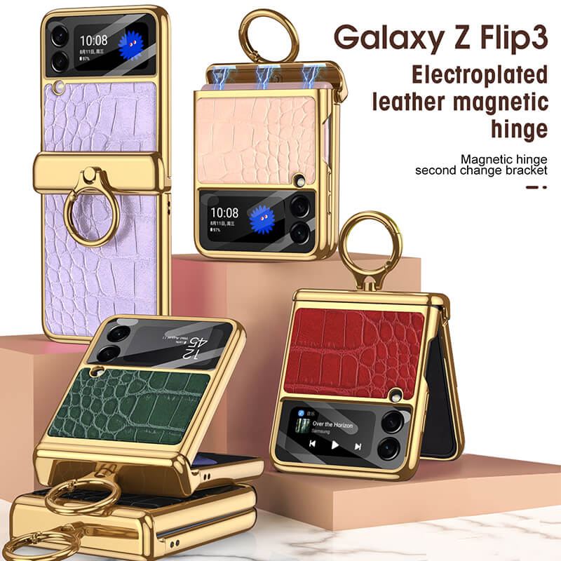 Electroplated Leather Magnetic Hinge Ring Holder Case For Samsung Galaxy Z Flip3 Flip4 - GiftJupiter