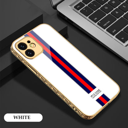 Luxury Marble Plating Gold Carving Edge Glass Case For iPhone