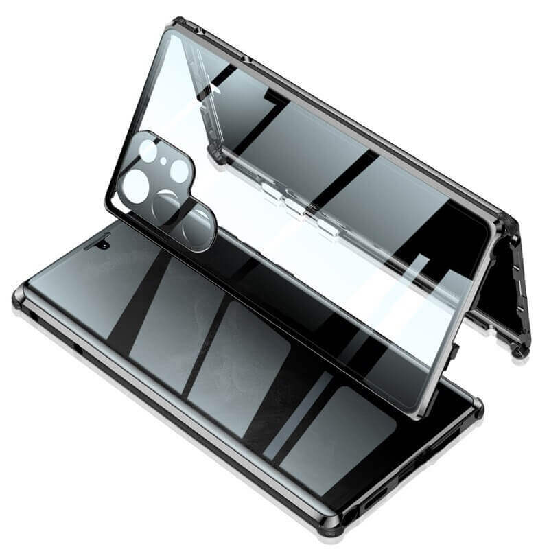 Magnetic Double Sided Tempered Glass Screen Protector Metal Bumper Frame Case for Samsung Galaxy S22 Ultra