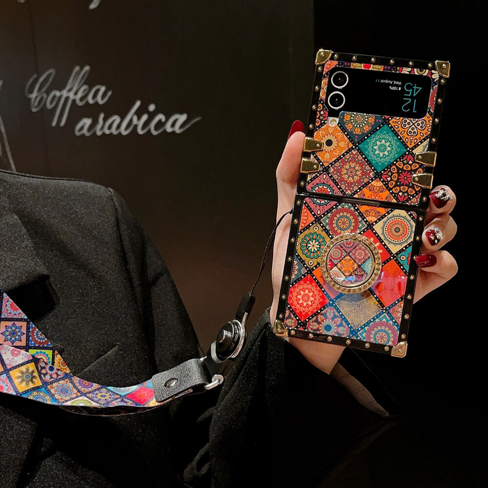 For Samsung Galaxy Z Flip 4 3 Luxury Retro Leather Trunk Square Case