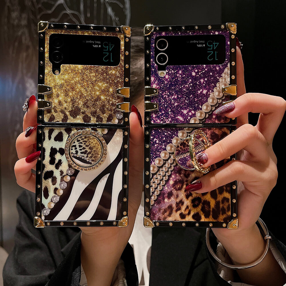 Leopard Pearl Shiny Ring Phone Case for Samsung Galaxy Z Flip4 Flip3 - GiftJupiter
