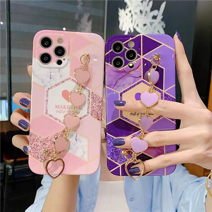 Love Heart Geometric Marble Phone Case with Bracelet For iPhone - Dealggo.com