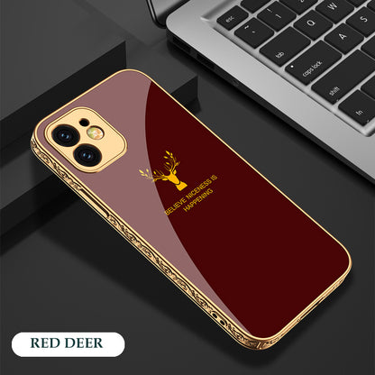 Luxury Marble Plating Gold Carving Edge Glass Case For iPhone