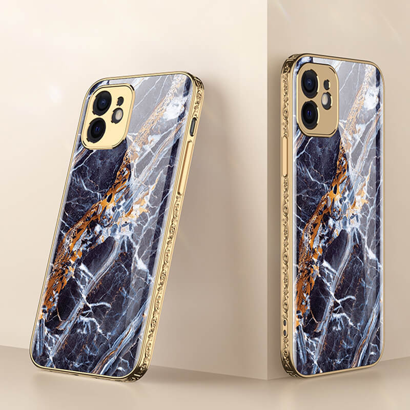 Luxury Marble Plating Gold Carving Edge Glass Case For iPhone - Dealggo.com