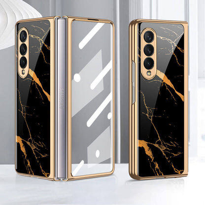 Marble Gold Plating Frame Case with 9H Tempered Glass For Samsung Galaxy Z Fold4/Fold3 5G
