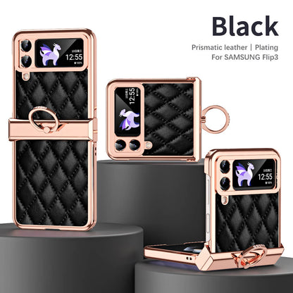 Leather Plated Diamond Hinge Ring Case for Samsung Galaxy Z Flip4 Flip3