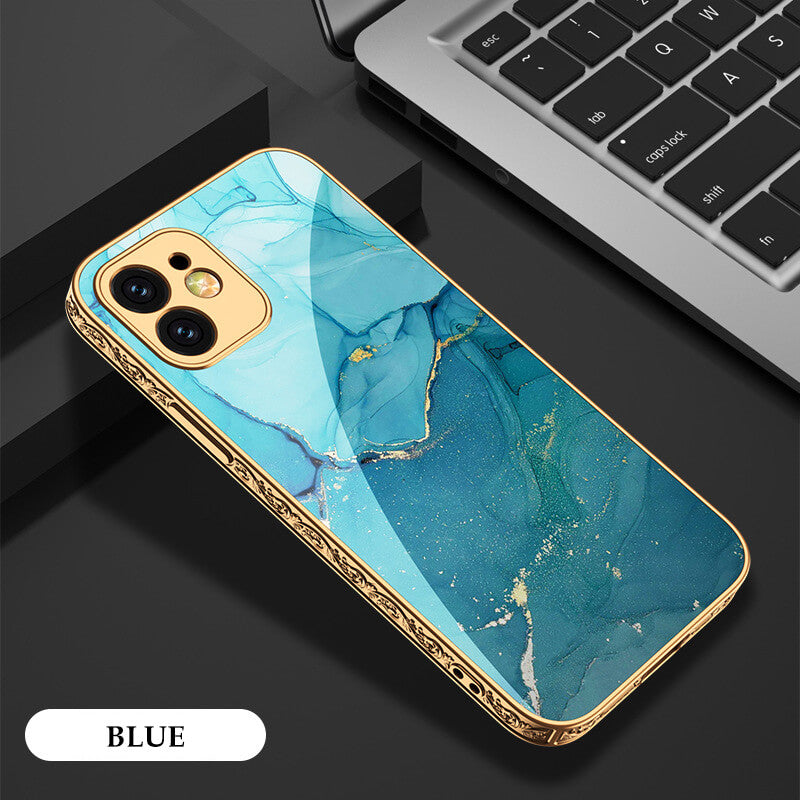 Luxury Marble Plating Gold Carving Edge Glass Case For iPhone - Dealggo.com