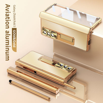 Fold4 Fold3 All-inclusive Aluminum Alloy Double-Hinge Electroplated Frame Case With Stylus - GiftJupiter