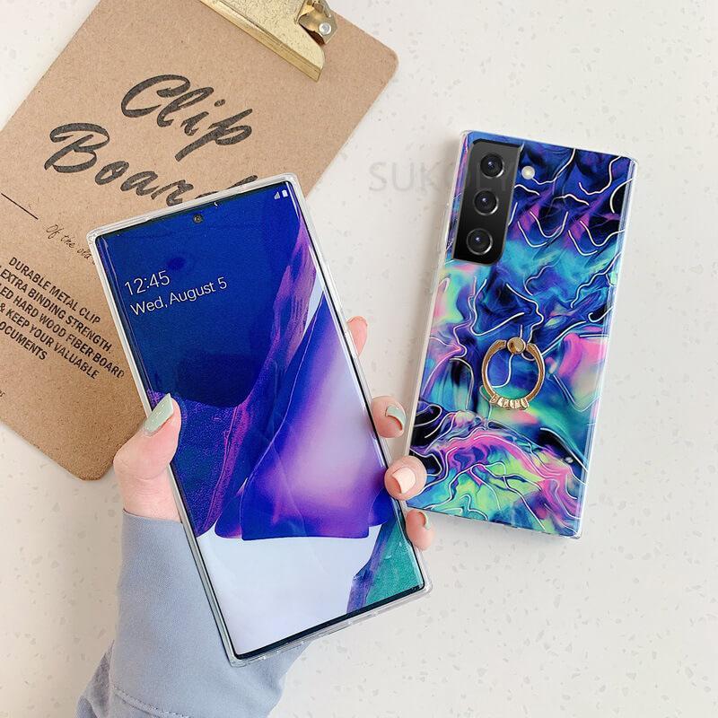 2021 Laser Marble Pattern Ring Holder Protective Cover For Samsung S21 S20 S10 A72 A52 A42 A32