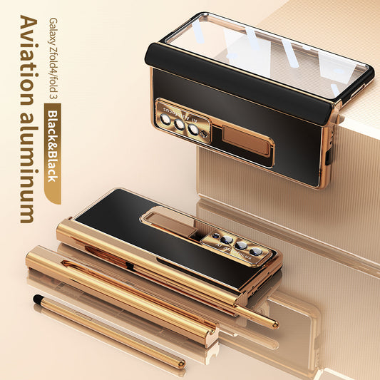 Fold4 Fold3 All-inclusive Aluminum Alloy Double-Hinge Electroplated Frame Case With Stylus - GiftJupiter