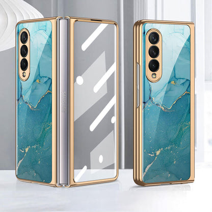 Marble Gold Plating Frame Case with 9H Tempered Glass For Samsung Galaxy Z Fold4/Fold3 5G