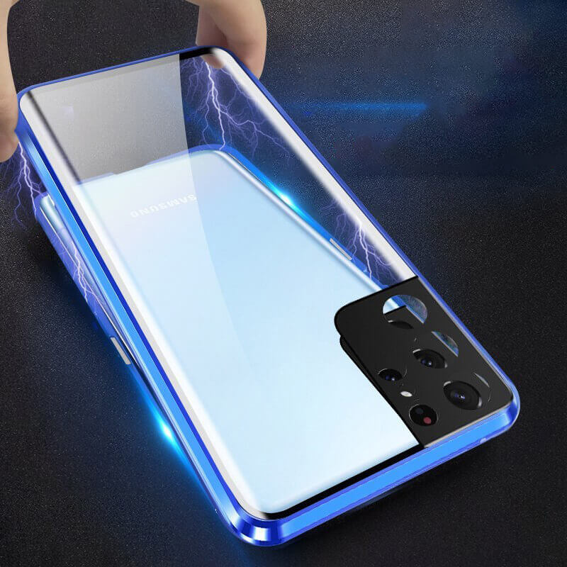 Magnetic Double Sided Tempered Glass Screen Protector Metal Bumper Frame Case for Samsung Galaxy S22 Ultra