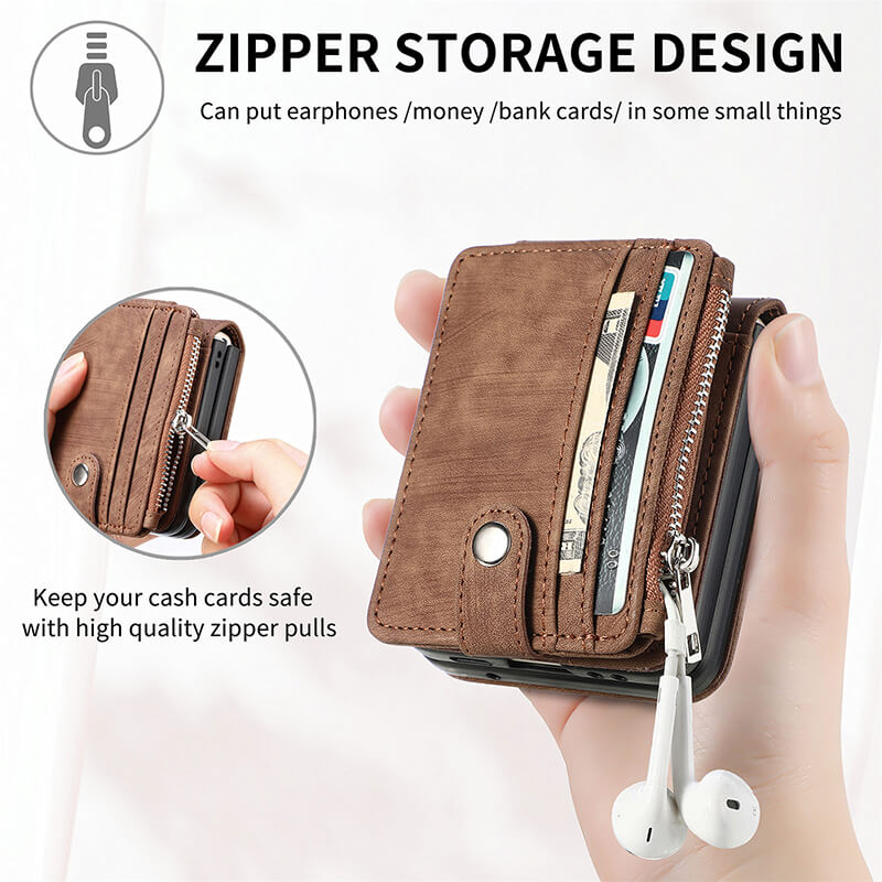 Wallet Case For Samsung Galaxy Z Flip4 Flip3 with Detachable Card Slot Kickstand Zipper - GiftJupiter