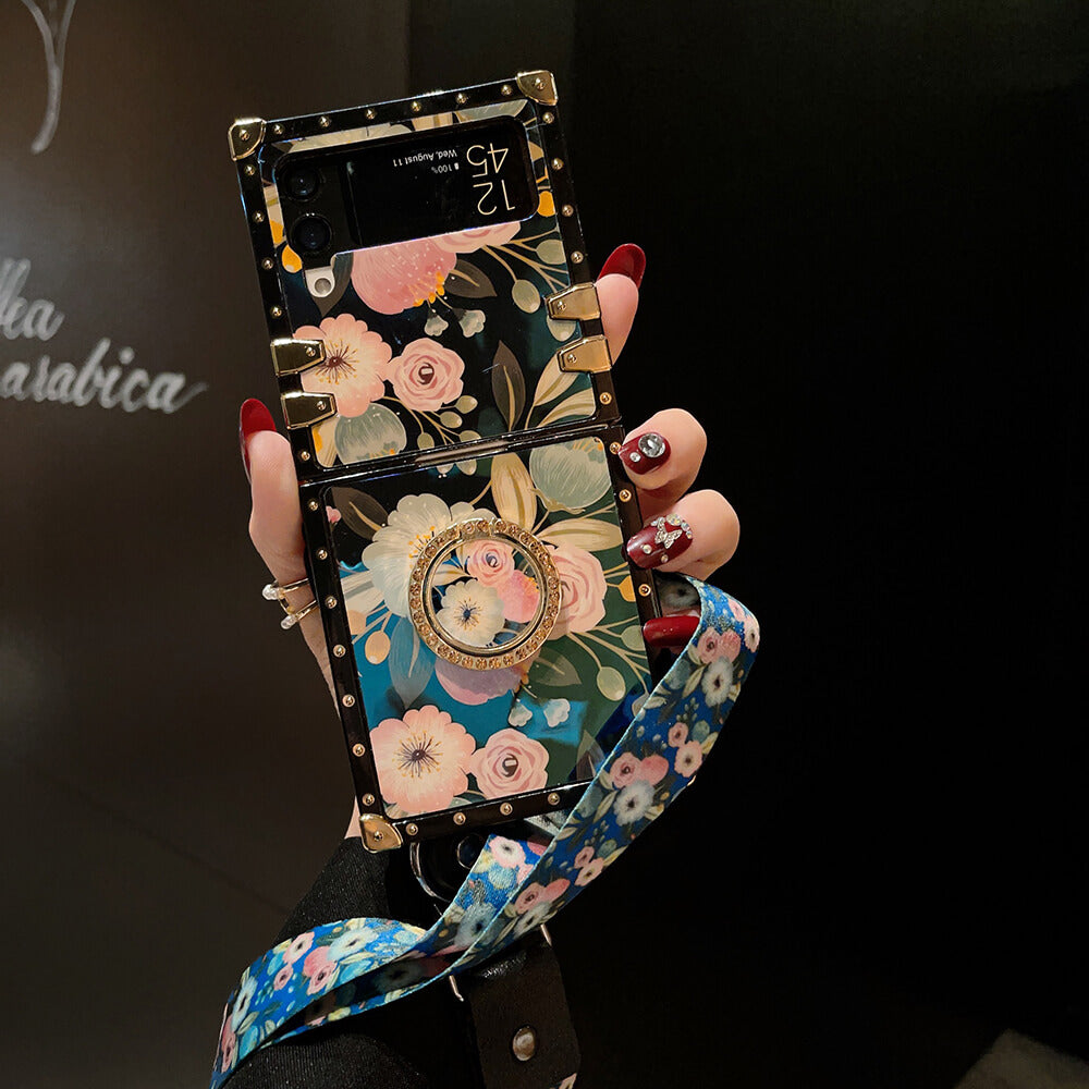 Stylish French Style Flower Ring Lanyard Phone Case for Samsung Galaxy Z Flip4 Flip3