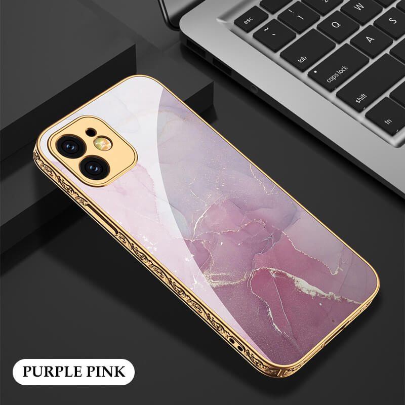Luxury Marble Plating Gold Carving Edge Glass Case For iPhone - Dealggo.com