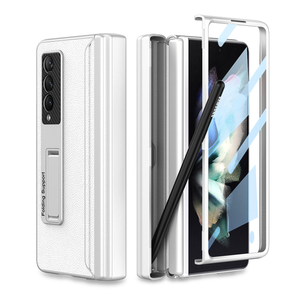 Magnetic Leather Frame Stand All-included Screen Glass Film Case With Hidden S Pen Slot For Samsung Galaxy Z Fold4 Fold3 5G