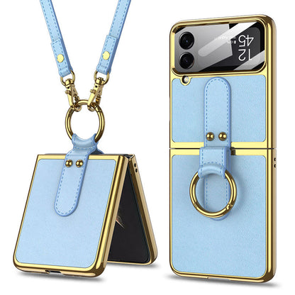 Luxury Leather Back Screen Tempered Glass Hard Frame Cover For Samsung Z Flip4 Flip3 5G With Lanyard