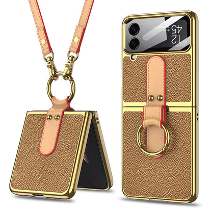 Luxury Leather Back Screen Tempered Glass Hard Frame Cover For Samsung Z Flip4 Flip3 5G With Lanyard