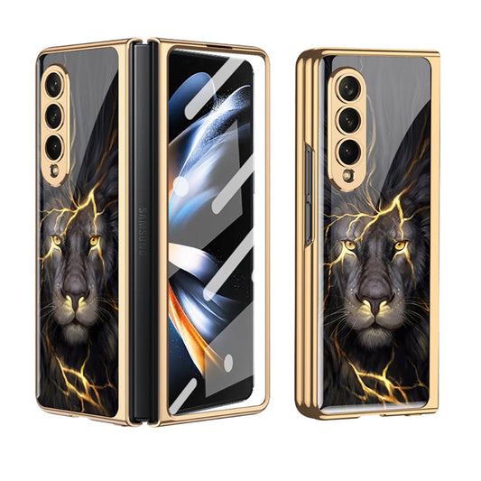 Lion Gold Plating Frame Case with 9H Tempered Glass For Samsung Galaxy Z Fold4/Fold3 5G