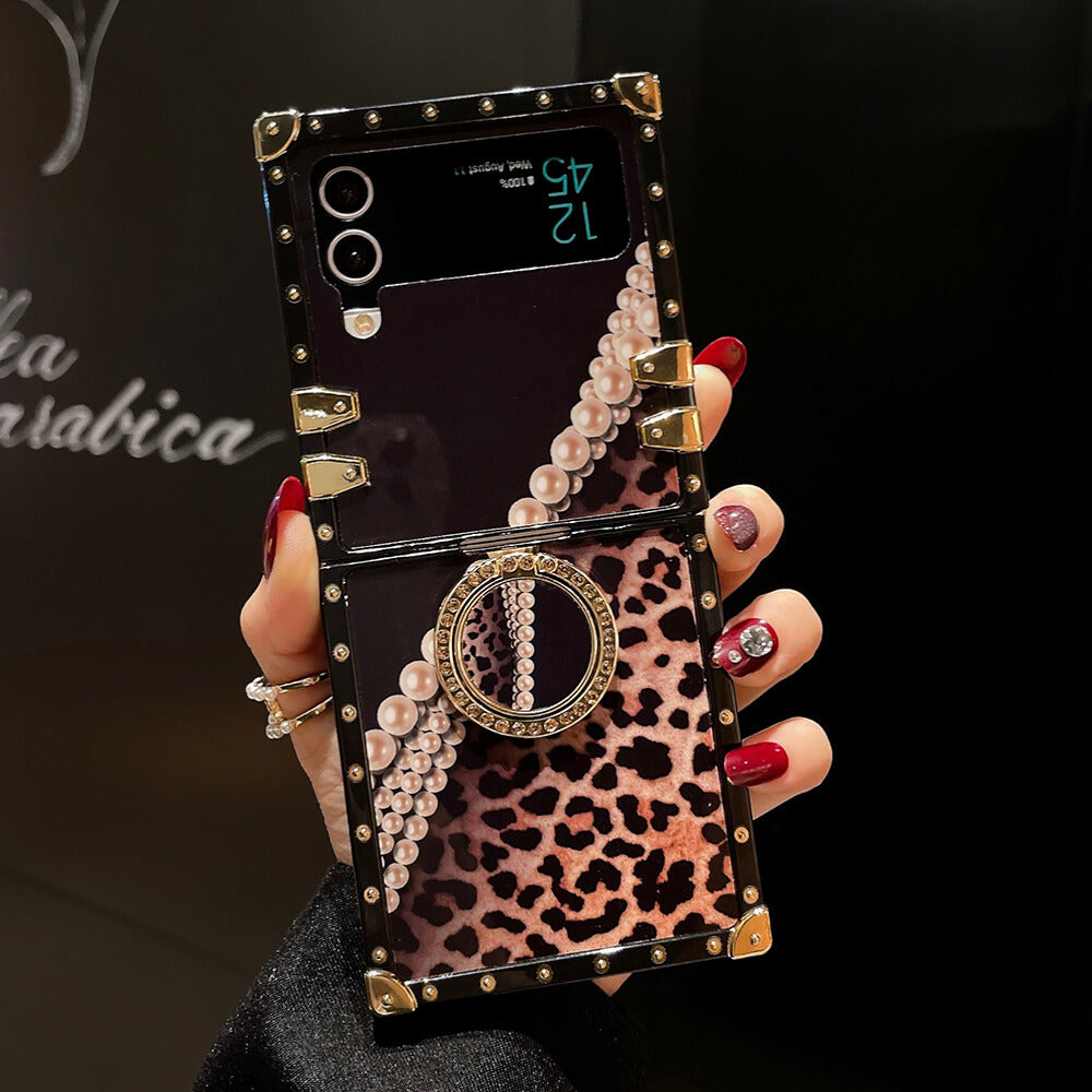 Leopard Pearl Shiny Ring Phone Case for Samsung Galaxy Z Flip4 Flip3 - GiftJupiter