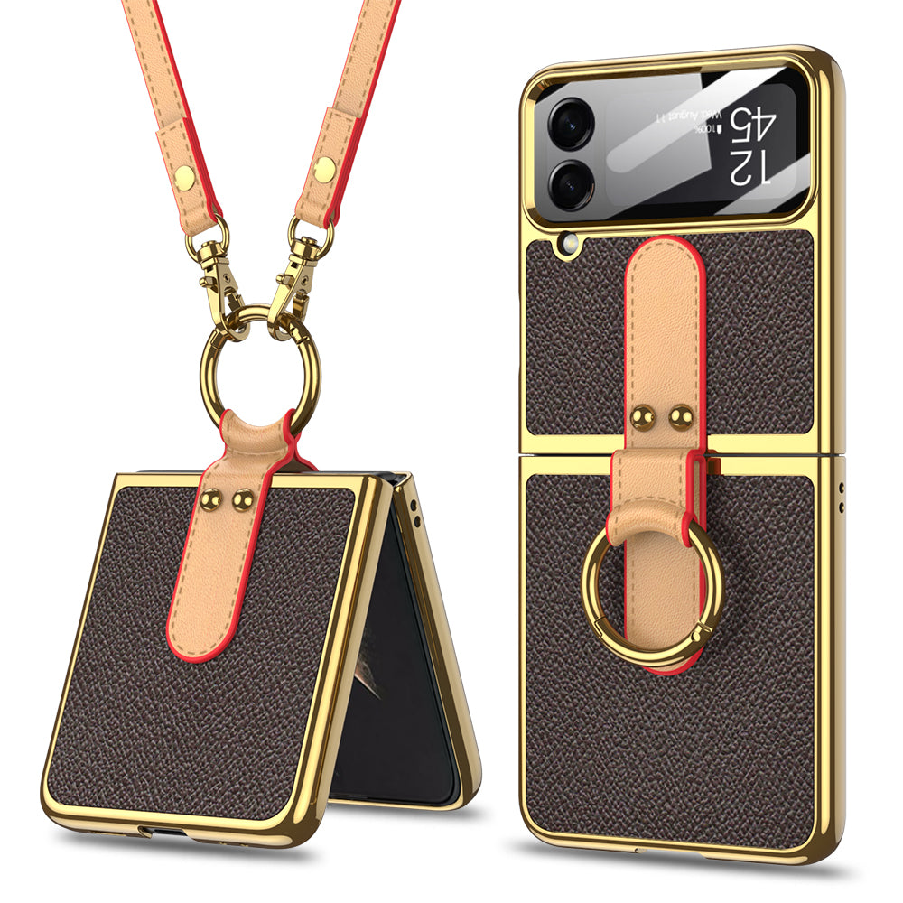 Original Leather Back Screen Tempered Glass Hard Frame Cover For Samsung Z Flip 3/4/5 With Lanyard