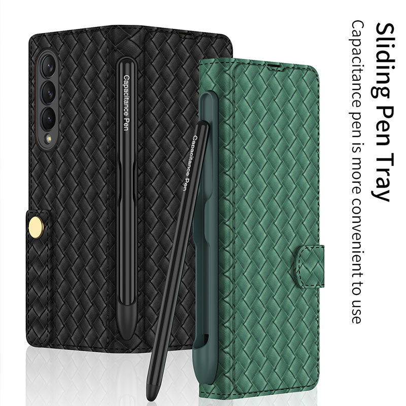 Luxury Braided Leather Cover With Pen Slot For Samsung Galaxy Z Fold 3 5G pphonecover
