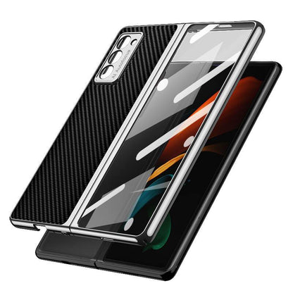 Luxury Leather Carbon Fiber Plating Case For Samsung Galaxy Z Fold3 Fold2 With Tempered Glass Screen - GiftJupiter