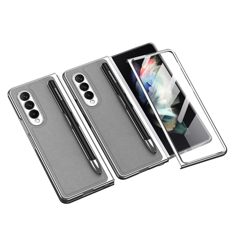 Luxury Leather Carbon Fiber Plating Case For Samsung Galaxy Z Fold3 Fold2 With Tempered Glass Screen - GiftJupiter