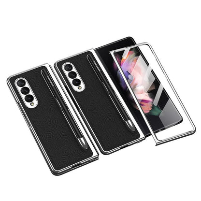 Luxury Leather Carbon Fiber Plating Case For Samsung Galaxy Z Fold3 Fold2 With Tempered Glass Screen - GiftJupiter