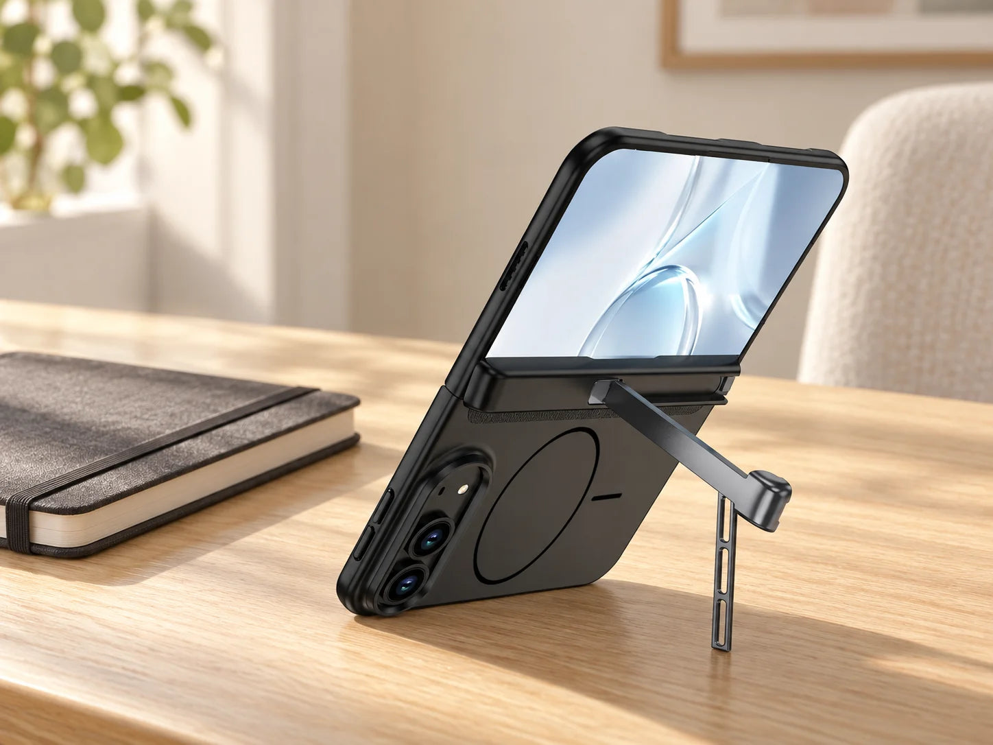 Black foldable case with stand on an oak desk